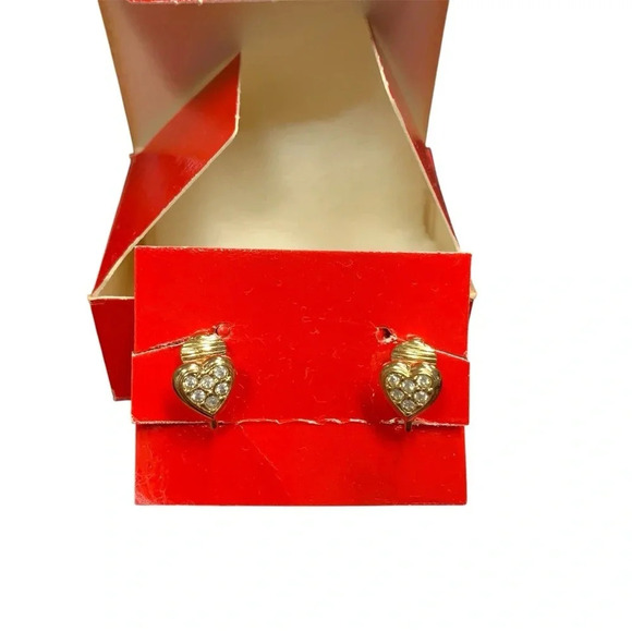 Avon Jewelry - Avon Gold tone Heart Crystal clip Earrings Sparkling Heart NIB 1990